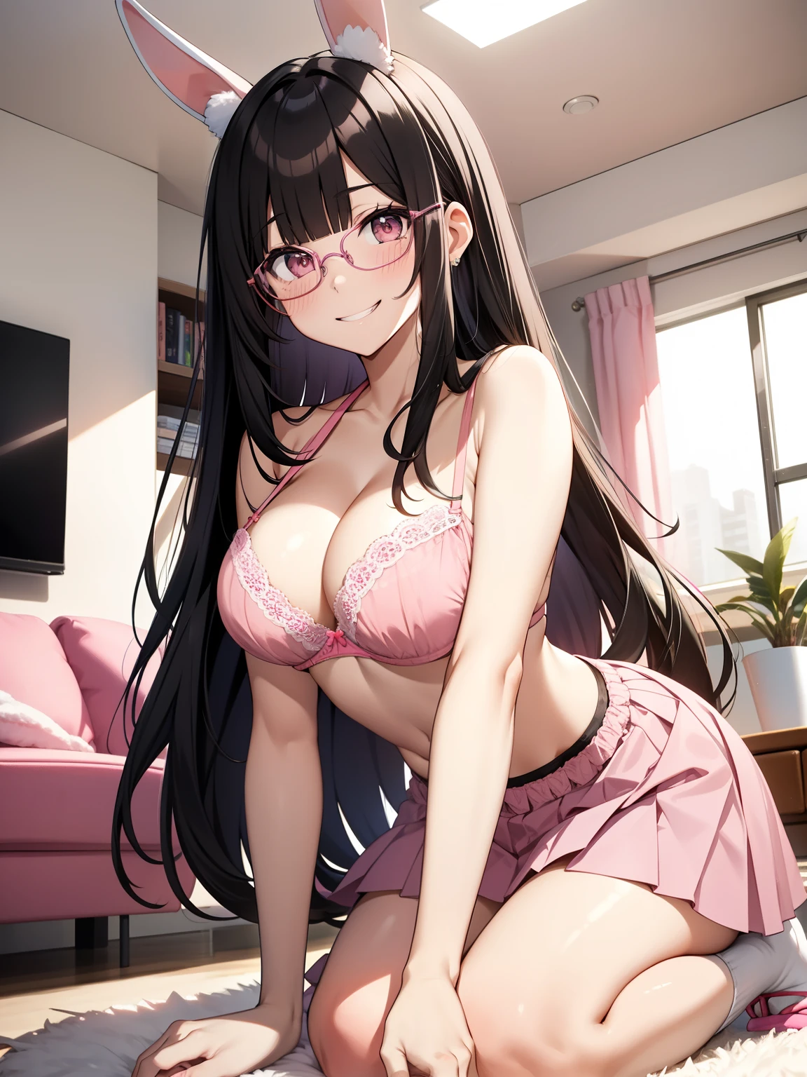 woman, black hair, long hair, pink rabbit ears, pink skirt, pink bra, kneeling, living room, glasses, bangs, grin, blush