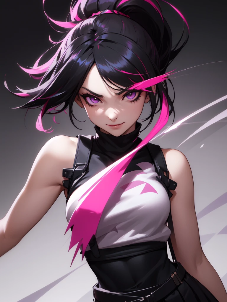 (((Portrait Photo))), She has the Appearance of Bold and Edgy Girl, with a Slim, Fashionable Build that Radiates Confidence. Her Long, Straight Black Hair is Accentuated by Vibrant Pink Streaks, Tied in a Spiky Short Ponytail, Adding a Striking and Rebellious Flair to Her Look. Her Dark Eyes are Intense and Expressive, Filled with a Sense of Mischief and Determination, Giving Her a Fierce and Charismatic Aura. Her Expression is Playful and Defiant, with a Smug, Confident Smile that Conveys a Sense of Boldness and Independence. (((High Quality, Dark Background))), (((Portrait Photo))), (((Streaked Hair))), (((Sleeveless Top with Straps))), (((High-Waisted Skirt)))