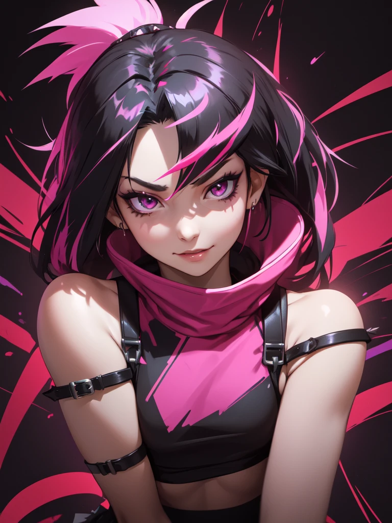 (((Portrait Photo))), She has the Appearance of Bold and Edgy Girl, with a Slim, Fashionable Build that Radiates Confidence. Her Long, Straight Black Hair is Accentuated by Vibrant Pink Streaks, Tied in a Spiky Short Ponytail, Adding a Striking and Rebellious Flair to Her Look. Her Dark Eyes are Intense and Expressive, Filled with a Sense of Mischief and Determination, Giving Her a Fierce and Charismatic Aura. Her Expression is Playful and Defiant, with a Smug, Confident Smile that Conveys a Sense of Boldness and Independence. (((High Quality, Dark Background))), (((Portrait Photo))), (((Streaked Hair))), (((Sleeveless Top with Straps))), (((High-Waisted Skirt)))