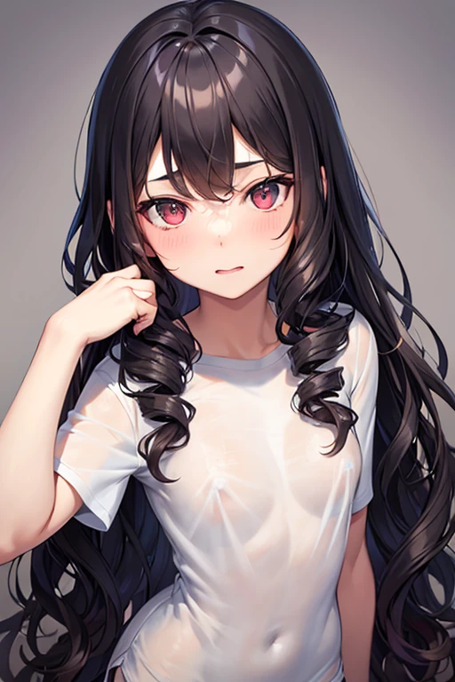 18 year old American girl, Video Gamer, Wearing a semi-transparent short T-shirt, Black Hair, ((blush: 0.8)), Natural skin texture, 4K Textures, Very detailed, Insane Details, pale colour , ((Long Wavy Hair)), ((smile: 0.4)), (No pants: 0.2), ((Look straight into the camera)), ((Tilt your head: 0.8 )), ((Small breasts:1)).
