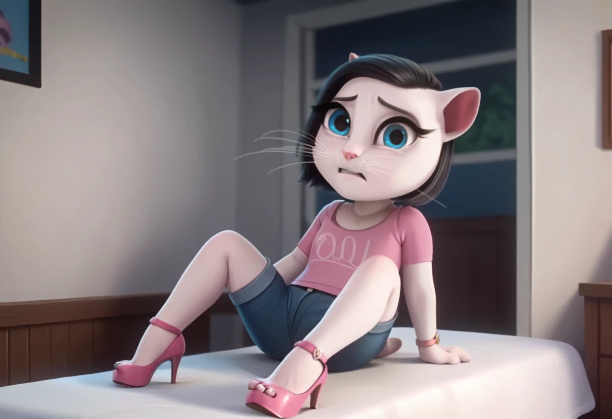 solo focus, a_la, 1girl, cat, white fur, long whiskers on both sides of her face, big bright blue eyes, big black eyelashes, pink nose, black hair, bob cut hair, triangular ears with pink channels, high heels, CUTE MAKEUP, CUTE FACE, The short jeans were ripped all the way down. 1 girl and 1 boy human. background. The man is sitting on the bed. The woman goes under the man, she sits vaginal, she lies, at home, looking back, big penis, rape of 1 man, girl. Score_9, Score_8_up, Score_7_ (( FOCUS FRONT VIEW, SHE IS LOOKING TO THE VIEWER.))