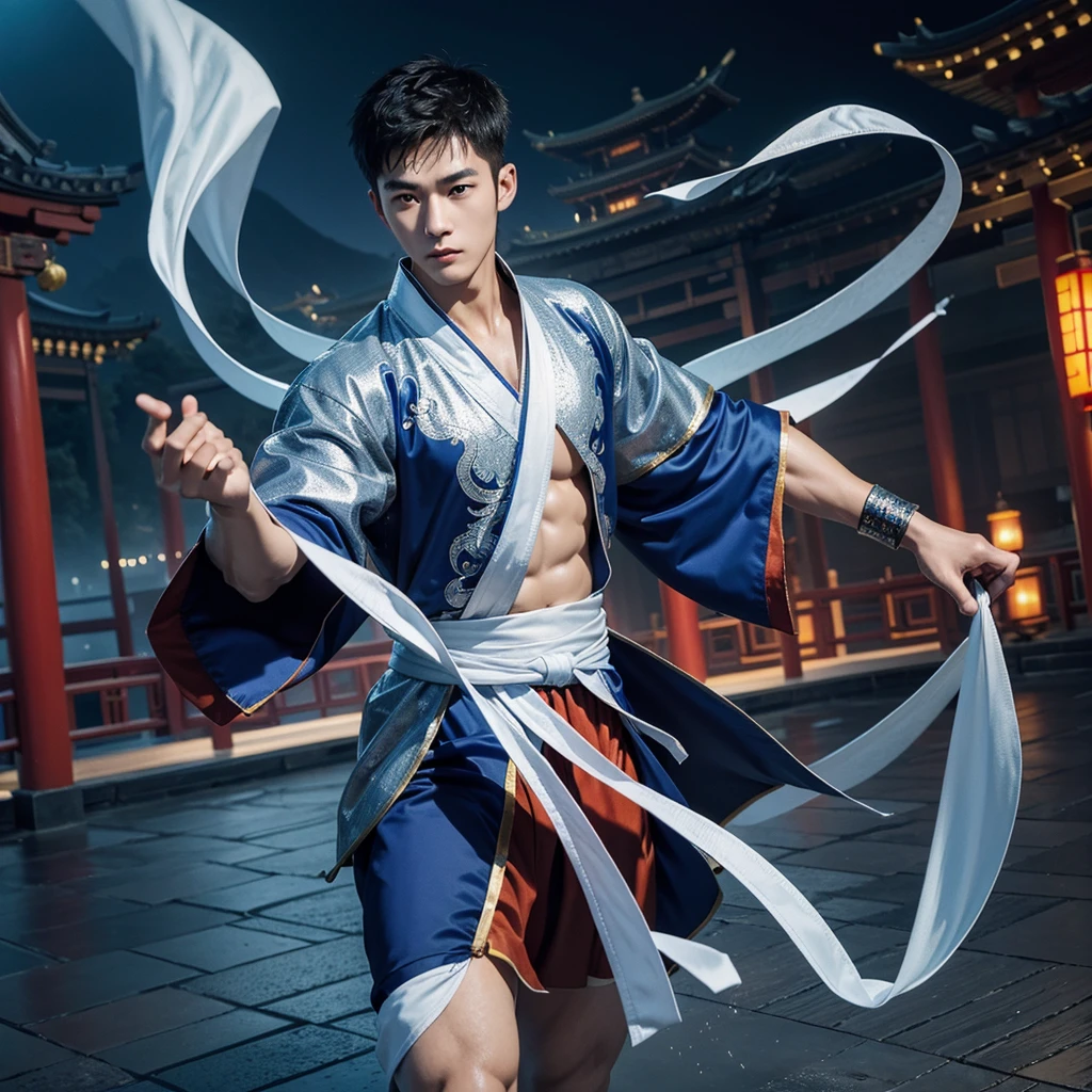 1 Handsome chinese slim guy, 20 years old, Asian, master work, best picture quality, higher quality, high detail, super high resolution, 8k resolution, perfect eyes, perfect skin, perfect hands, big muscles, tattoos, glowing eyes, short hair, hair details, detailed background , open Hanfu transparent tulle jacket, (blue clothes with silver decoration), Chinese garden background, Chinese kung fu, dragon-themed costumes, monk robes, spinning floating particles, chinese temple in background, looking at viewer