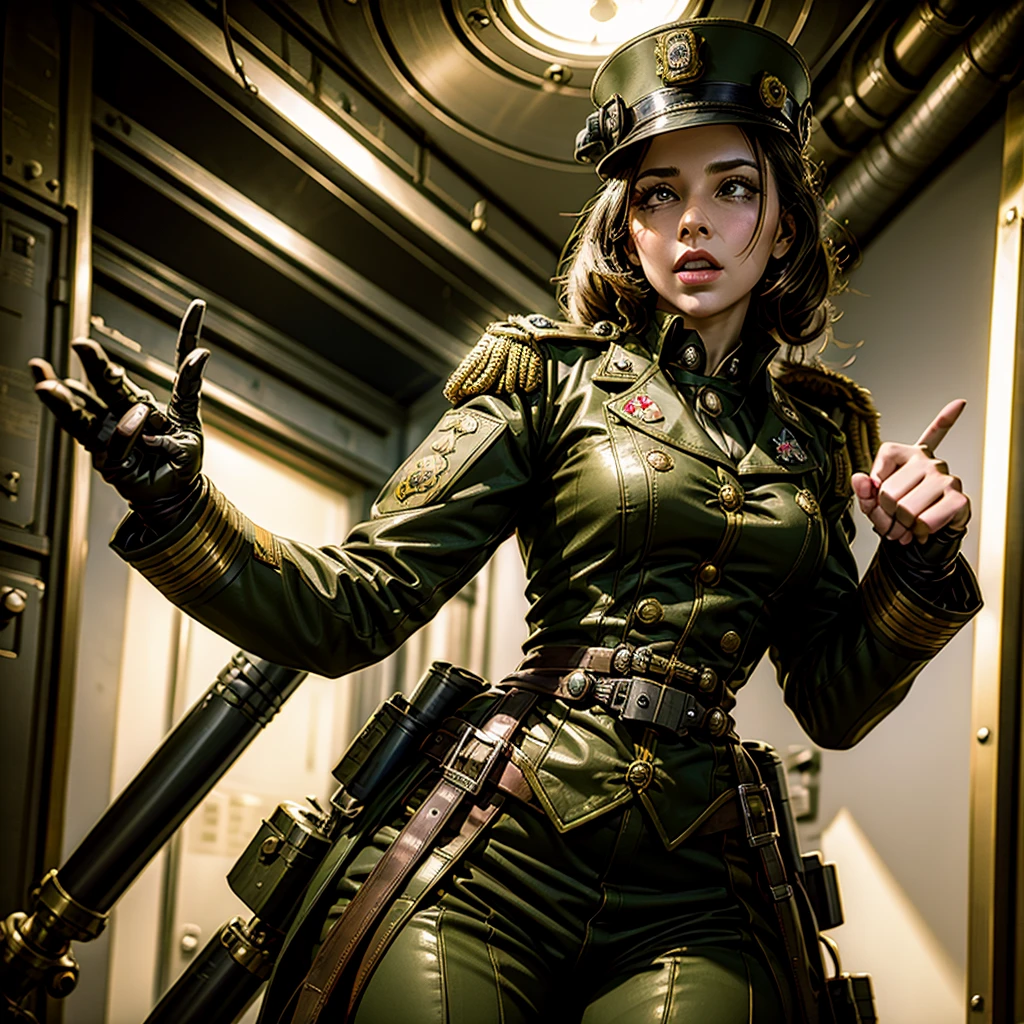 a woman in a steampunk military uniform is ready to fight in a battlefield, surrounded by threatening surreal figures.