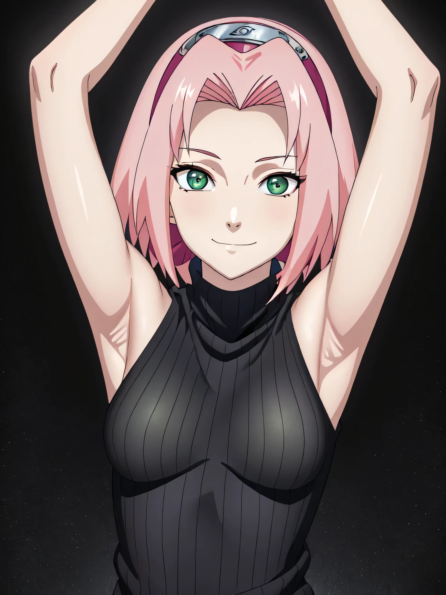 haruno sakura, pink hair, short hair, green eyes, (small breasts:1.1), hairband, sweater, ribbed sweater, ribbed, turtleneck, (black sweater:1.1), sleeveless sweater, sleeveless, forehead protector, bare shoulders, bare arms, 1girl, solo, (anime screencap:1.2), frontlighting, (simple background, black background, dark background:1.3), masterpiece, absurdres, hdr, soft light, best quality, detailed, highres, shiny skin, shiny hair, (looking at viewer, eye contact with viewer:1.5), smile, smug, (closed mouth:1.2), arms up, raised arms, armpits, in the center, symmetrical, upright,