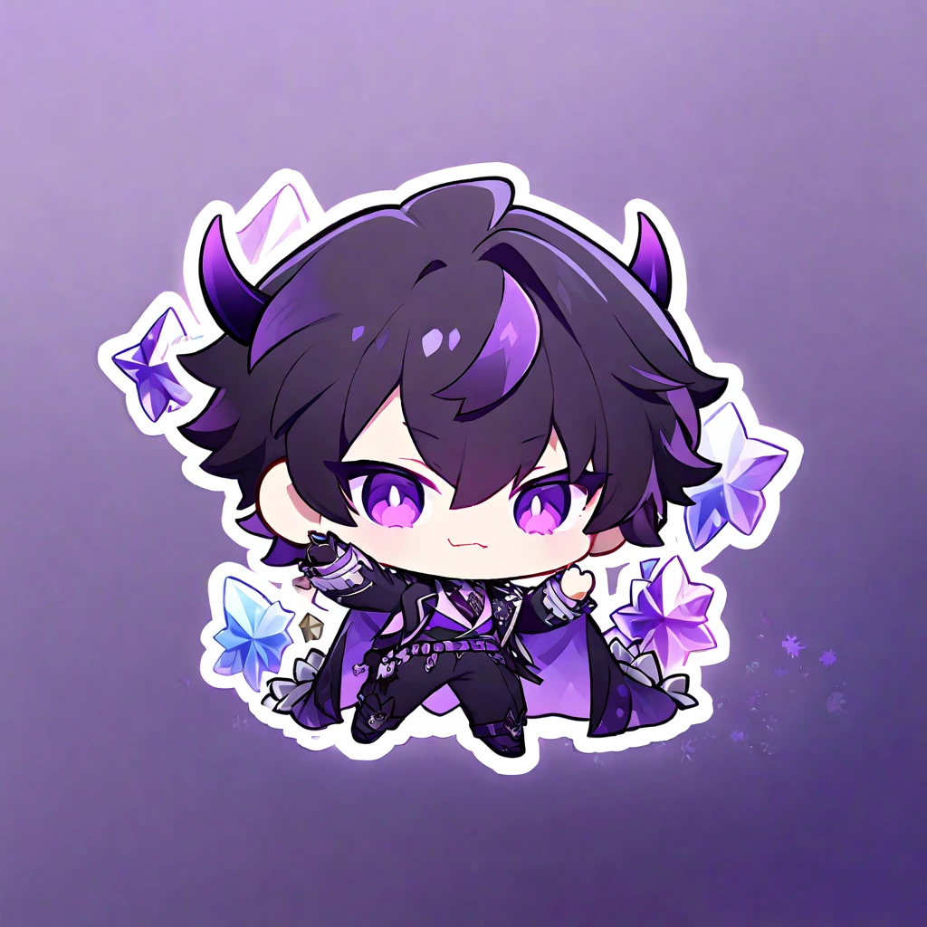 chibi character. Boy. Demon of fame. Crystals. Purple colours 