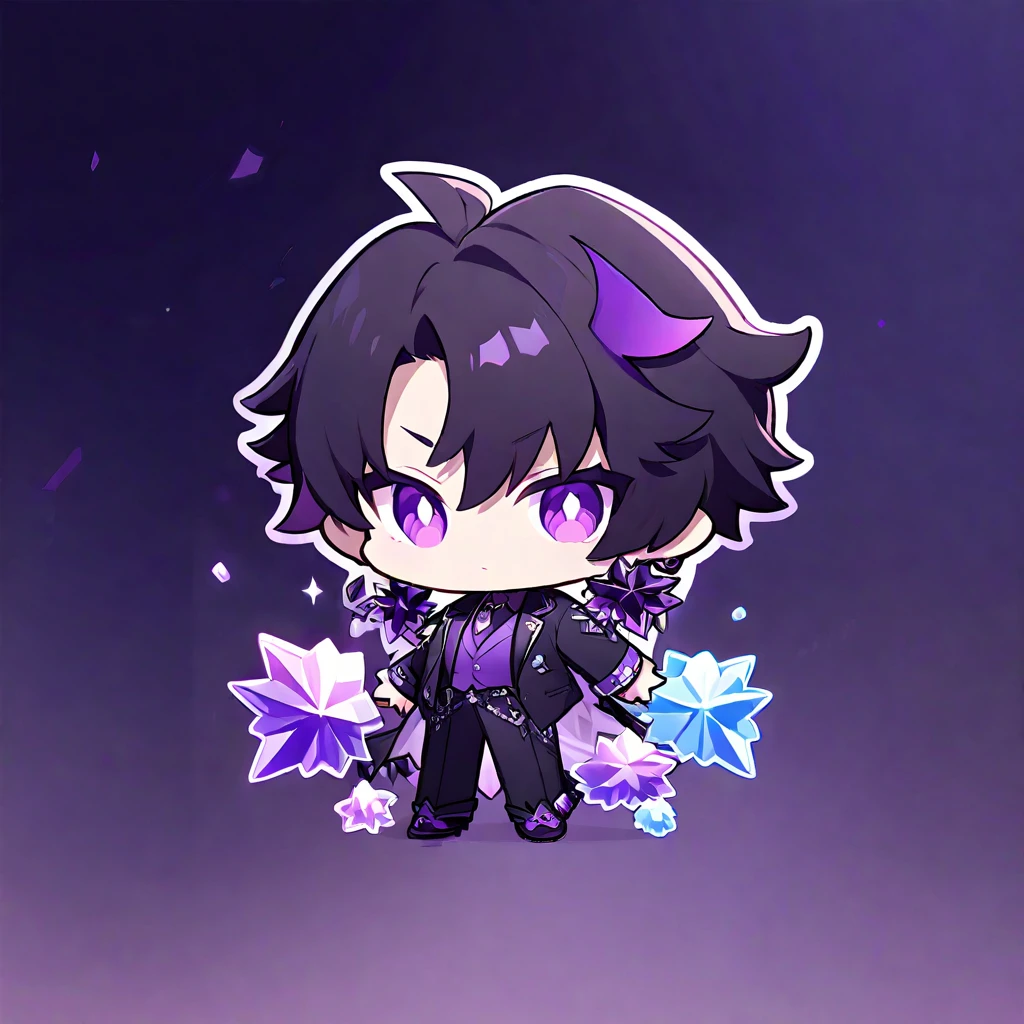 chibi character. Boy. Demon of fame. Crystals. Purple colours 