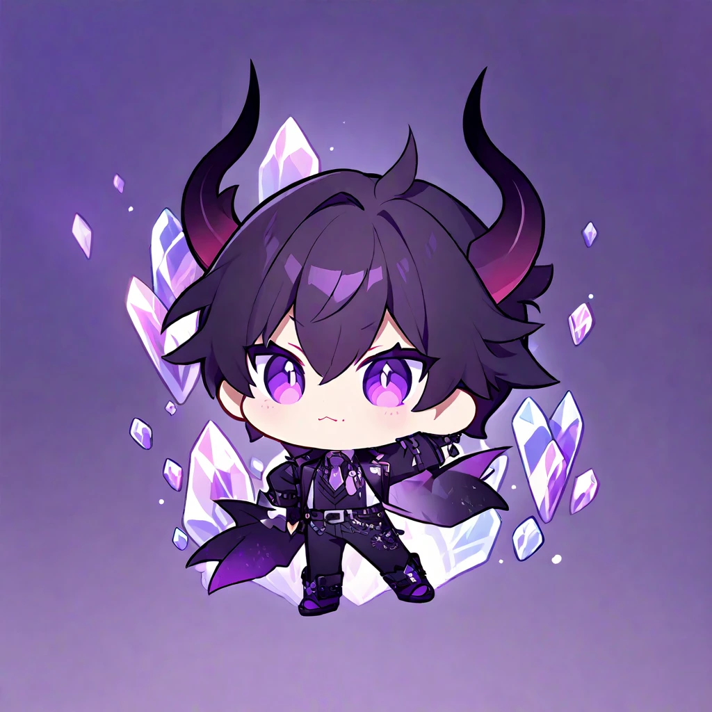 chibi character. Boy. Demon of fame. Crystals. Purple colours 