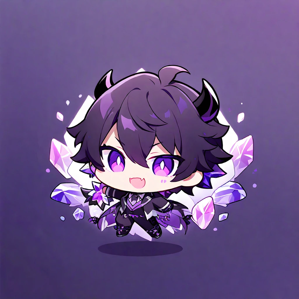 chibi character. Boy. Demon of fame. Crystals. Purple colours 