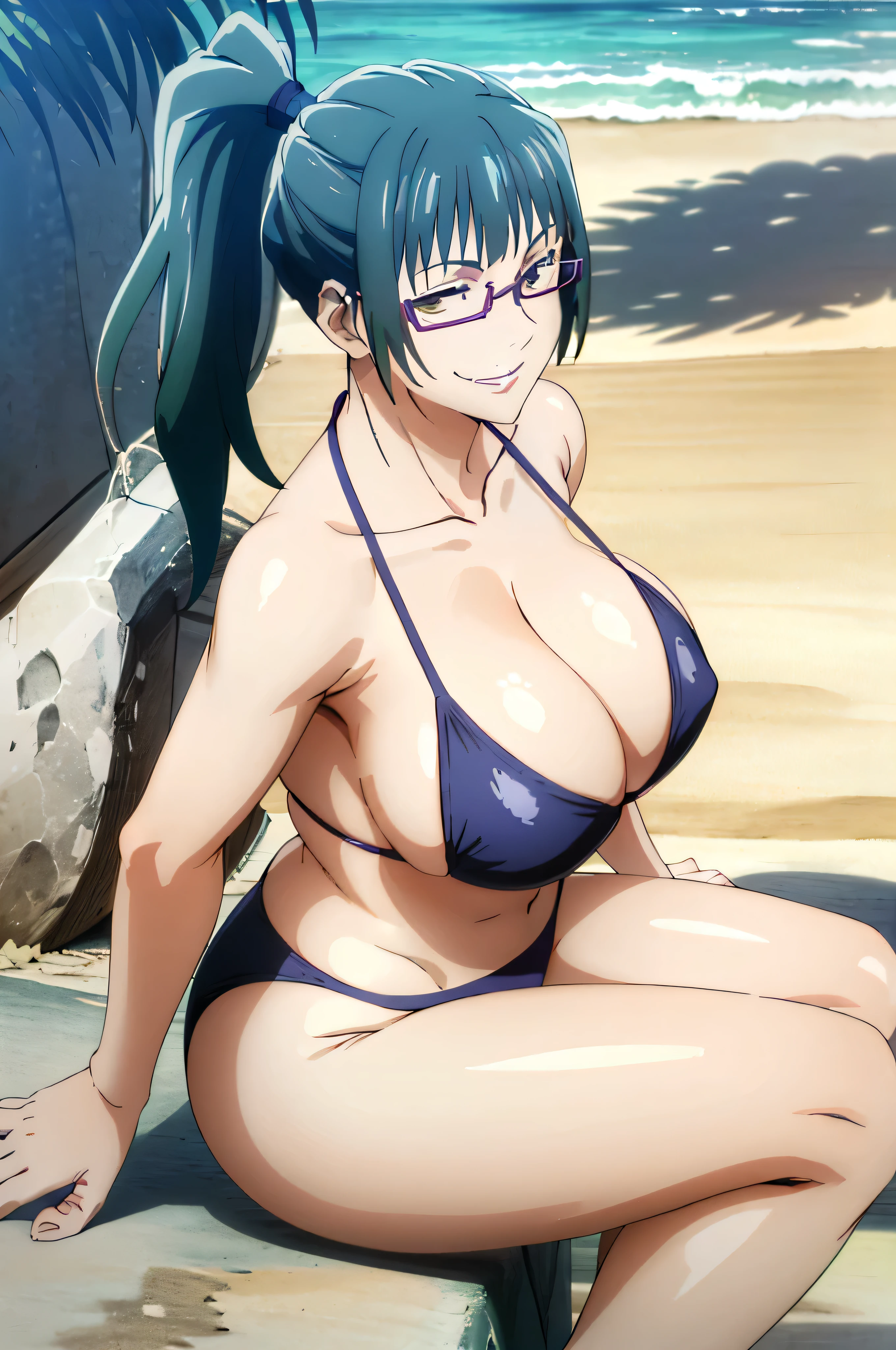 beautiful zenin_maki,ponytail,glasses,bangs,green hair,brown eyes, 1girl, solo, breasts, looking_at_viewer, smile, large_breasts, cleavage, bare_shoulders, collarbone, sitting, sitting on rock, legs crossed, thick thighs, thong underwear, from_below, breasts, large breasts, big breasts, huge breasts, big tits, giant breasts, small bikini, bikini, blue bikini, bare shoulders, bare arms, beach, ocean, underboob, island background