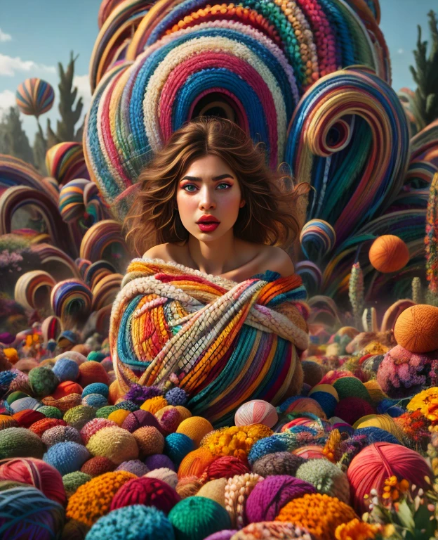 a girl running away from a huge ball of yarn, beautiful detailed eyes, beautiful detailed lips, extremely detailed eyes and face, beautiful eyelashes, scared expression, alone, 1 girl, fantasy, photography, high quality, best quality, 4k,8k,high resolution,masterpiece:1.2,ultra detailed,realistic,photorealistic,photorealistic:1.37,HDR,UHD,studio lighting,ultra-fine painting,sharp focus,physically based rendering,extreme detail depiction,professional,vivid colors,bokeh,fantastic art , capricious.