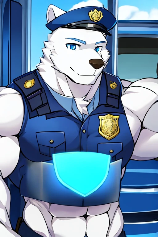 polar bone, police, muscular, blue eyes, blushing, Sexil