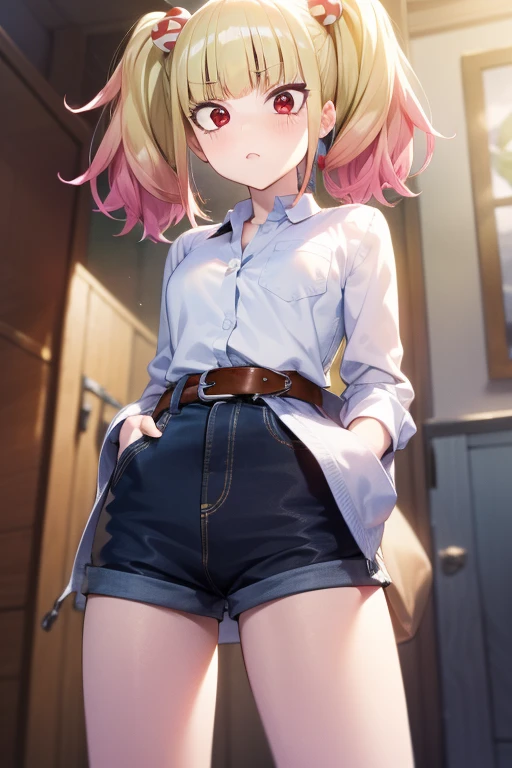 ((masterpiece)),(best quality),official art,extremely detailed CG,unity 8k wallpaper,ultra detailed,beautiful detailed eyes,extremely detailed face,1girl,solo,cowboy shot,looking at viewer,stomach ache,Put your hands in your pockets,niguredou julia,multicolored hair,gradient hair,pink hair,blonde hair,twintails,food-themed hair ornament,mushroom hair ornament,red eyes,white shirt,long sleeves,denim shorts,shorts rolled up,belt