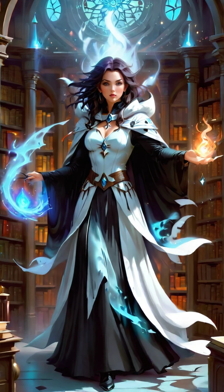 a masterwork picture of a sorceress casting a spell in magical library, exquisite beautiful woman, dynamic hair color, dynamic hair style, ((full body shot: 1.5)), ((anatomically correct: 1.5)), (ultra detailed face: 1.2), best detailed face, high details, best quality, 16k, (long black dress: 1.2), (white cloak: 1.3), high heeled boots (ultra details, Masterpiece, best quality) masterpiece, best quality, (extremely detailed), full body, ultra wide shot, (ultra details, Masterpiece, best quality), fantasy art, dnd art,fantasy art, realistic art, (ultra details, Masterpiece, best quality), (ultra details, Masterpiece, best quality), IceMagicAI, Hyperrealism style, rpg portrait photograph