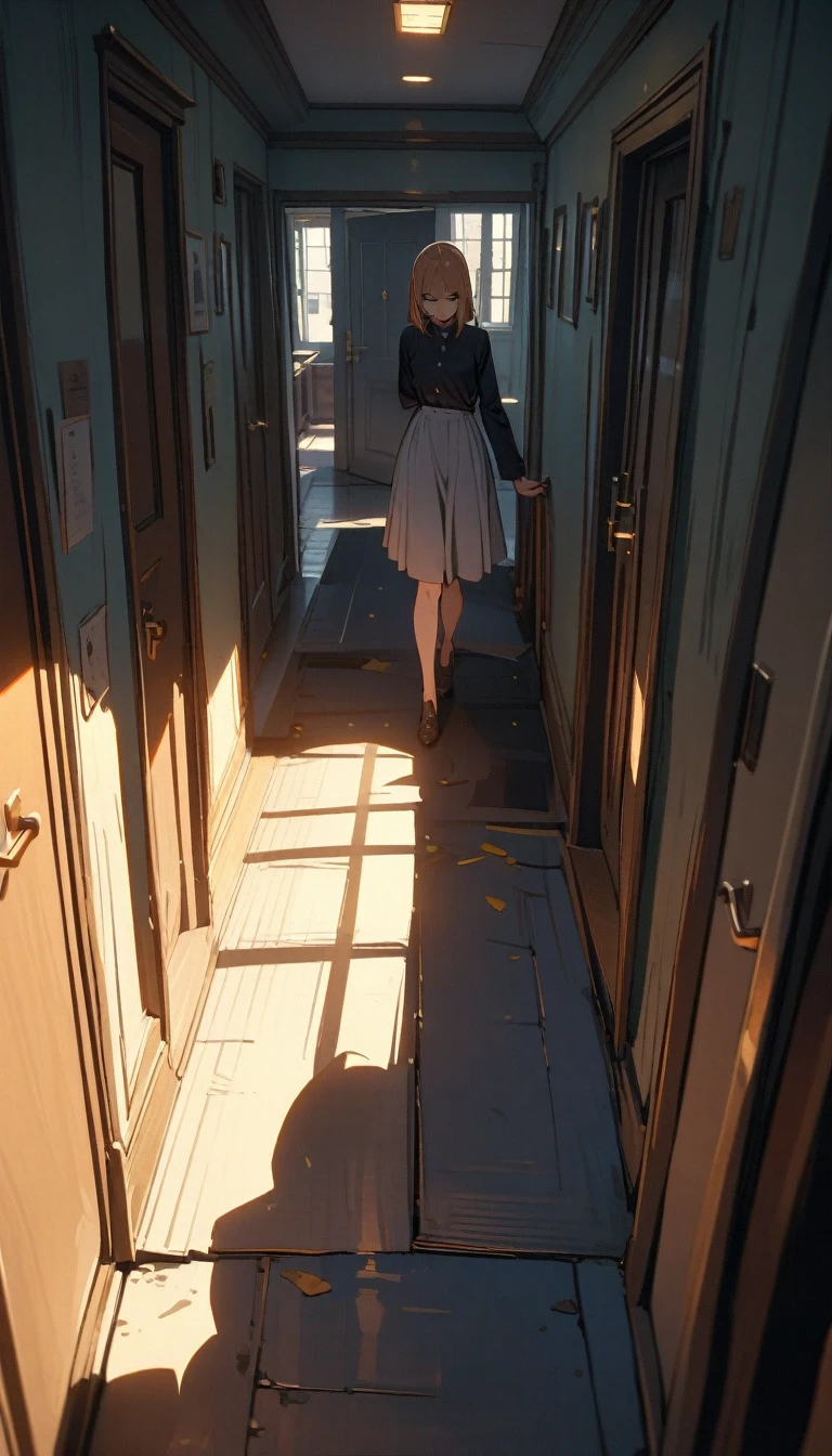 ((best quality)) , ((masterpiece)) , (detailed),1 female,Hang up,Downstairs,Returned,Squinting,corridor,orange,Door,floor,Long narrow shadow