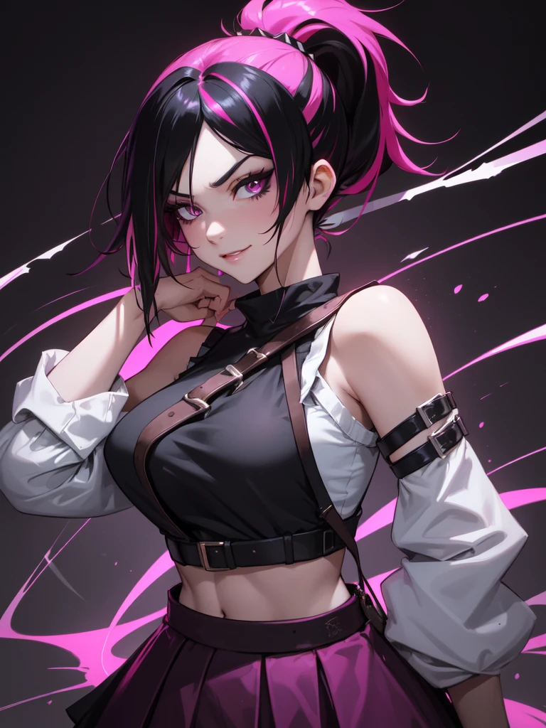 obra de arte, melhor qualidade, 1 garota, PARA MARINHEIROS, chifres de cabelo, cabelo multicolorido, franja,sadistic smile, olhar sedutor,sexy,, roupas, Roupa, pants, mangas compridas, tiras azuis,juri han