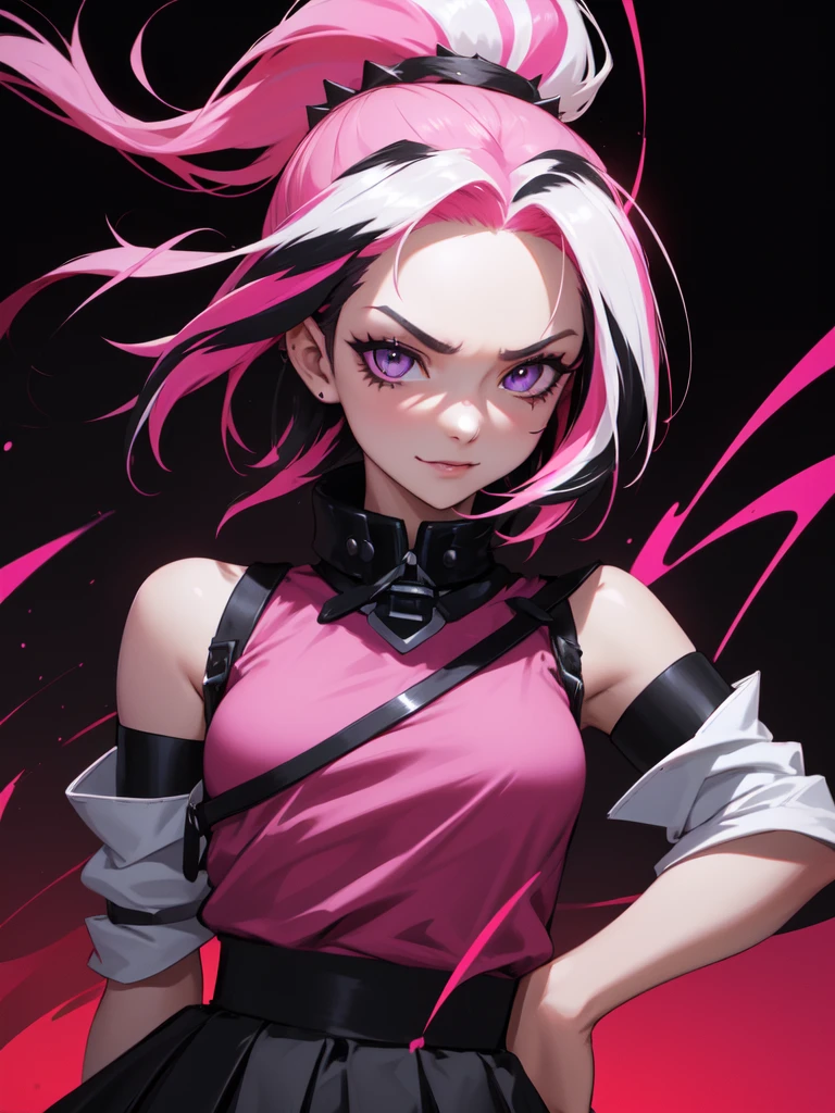 (((Portrait Photo))), She has the Appearance of Bold and Edgy Girl, with a Slim, Fashionable Build that Radiates Confidence. Her Long, Straight Black Hair is Accentuated by Vibrant Pink Streaks, Tied in a Spiky Short Ponytail, Adding a Striking and Rebellious Flair to Her Look. Her Dark Eyes are Intense and Expressive, Filled with a Sense of Mischief and Determination, Giving Her a Fierce and Charismatic Aura. Her Expression is Playful and Defiant, with a Smug, Confident Smile that Conveys a Sense of Boldness and Independence. (((High Quality, Dark Background))), (((Portrait Photo))), (((Streaked Hair))), (((Sleeveless Top with Straps))), ((Loose Sleeves)), (((High-Waisted Skirt)))