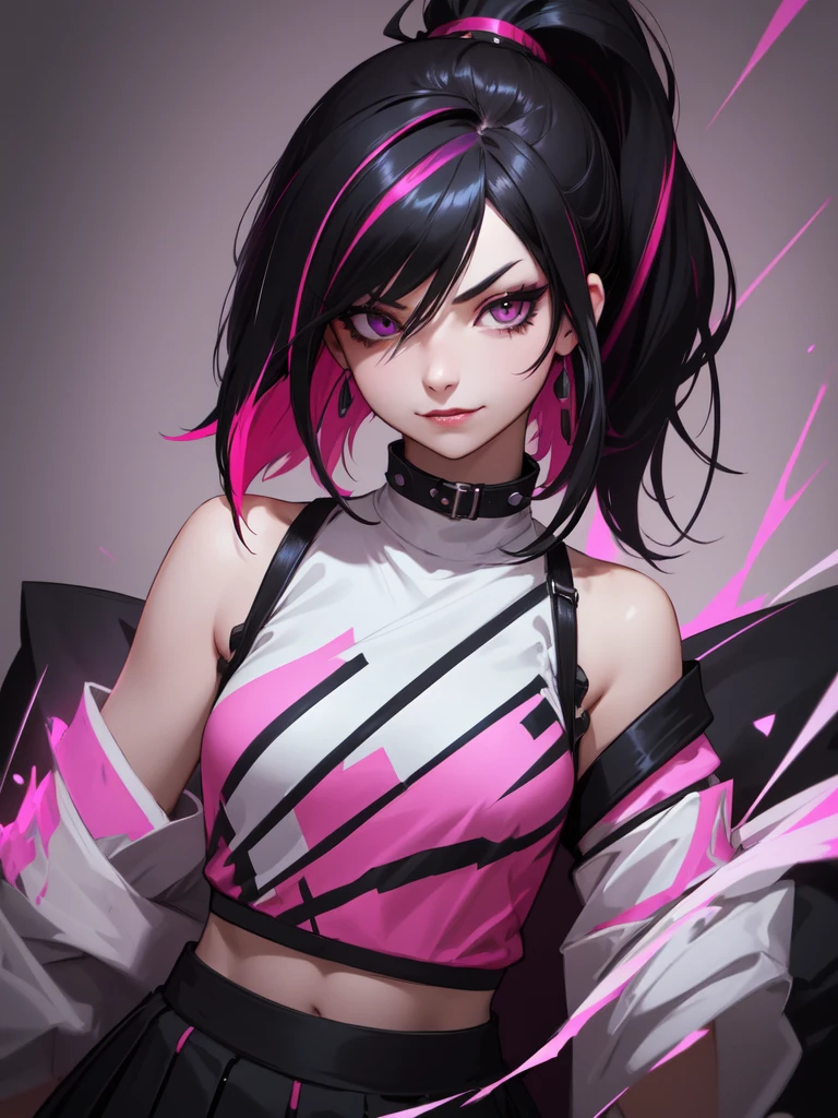 (((Portrait Photo))), She has the Appearance of Bold and Edgy Girl, with a Slim, Fashionable Build that Radiates Confidence. Her Long, Straight Black Hair is Accentuated by Vibrant Pink Streaks, Tied in a Spiky Short Ponytail, Adding a Striking and Rebellious Flair to Her Look. Her Dark Eyes are Intense and Expressive, Filled with a Sense of Mischief and Determination, Giving Her a Fierce and Charismatic Aura. Her Expression is Playful and Defiant, with a Smug, Confident Smile that Conveys a Sense of Boldness and Independence. (((High Quality, Dark Background))), (((Portrait Photo))), (((Streaked Hair))), (((Sleeveless Top with Straps))), ((Loose Sleeves)), (((High-Waisted Skirt)))