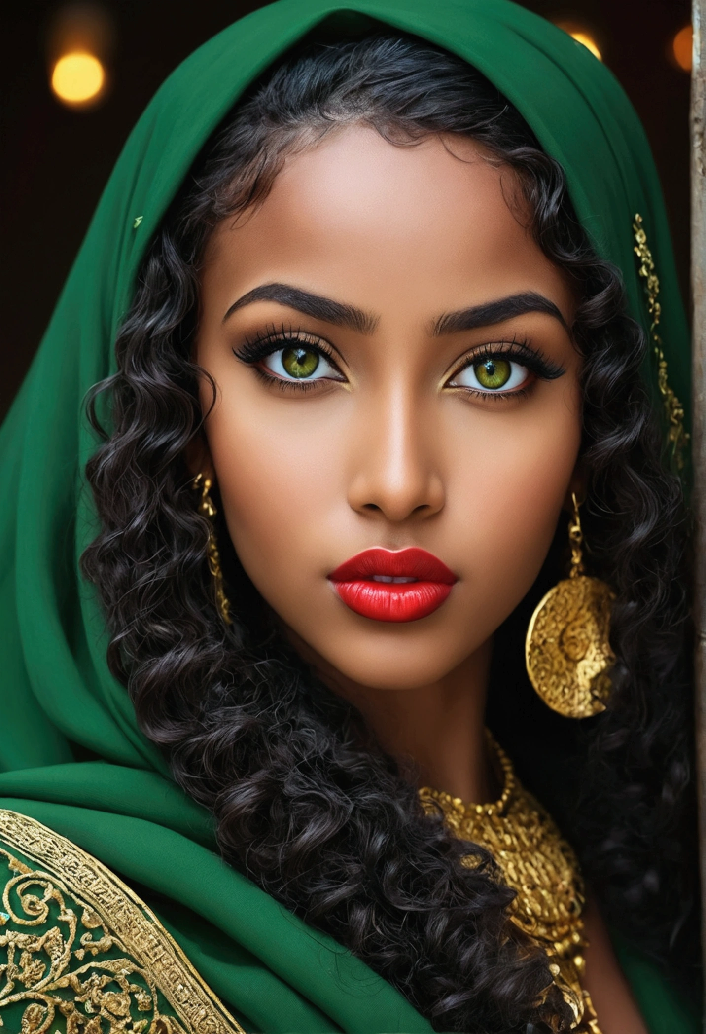 A beautiful exotic Ethiopian sexy girl with straight nose, brown glowing skin, long full curly hair, long lashes, mesmerizing green big eyes wearing full black hijab, red lipstick, and gold jewlery