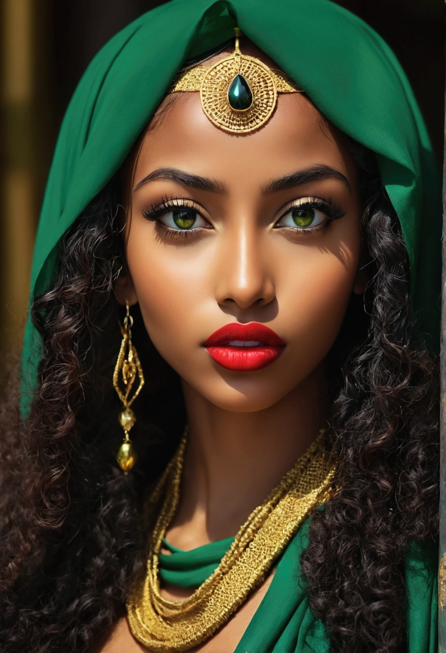 A beautiful exotic Ethiopian sexy girl with straight nose, brown glowing skin, long full curly hair, long lashes, mesmerizing green big eyes wearing full black hijab, red lipstick, and gold jewlery