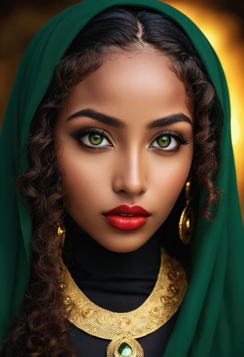 A beautiful exotic Ethiopian sexy girl with straight nose, brown glowing skin, long full curly hair, long lashes, mesmerizing green big eyes wearing full black hijab, red lipstick, and gold jewlery