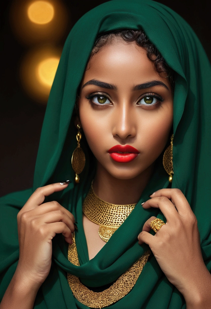 A beautiful exotic Ethiopian sexy girl with straight nose, brown glowing skin, long full curly hair, long lashes, mesmerizing green big eyes wearing full black hijab, red lipstick, and gold jewlery