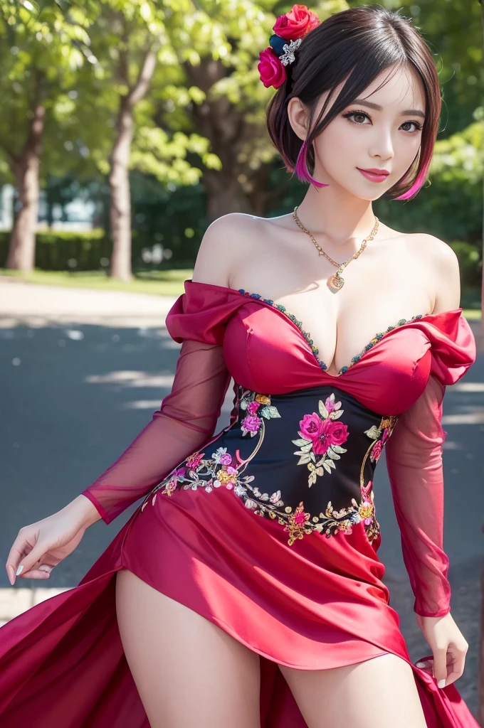 (masterpiece:1.4), (best quality:1.4), ultra high res, ultra high resolution, ((detailed facial features)), HDR, (realistic, photorealistic, photo-realistic:1.37), full body Esbian, sexy Vietnamese model, (-anime), vivid colors, ((vivid colors multicolor (red, fuchsia) very short hair)), (happy smile), lip-gloss, long lashes, ultra detailed metallic makeup, defined eyebrows, wearing large sparkling colorful jewelery, wearing a red silk Paradise Kiss cosplay dress with black floral embroidery, ((vivid colors outfit)), vivid colors, look at the camera, cinematic light, large park background with trees, sweet and sexy pose