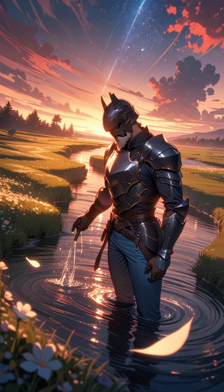 ((best quality)) , ((masterpiece)) , (detailed)，1boy, male focus, solo, shirt, helmet, pants, denim, armor, facial hair, blue pants, gloves, beard, jeans, holding,beautiful and delicate water, the finest grass, very delicate light, nature, painting, water spray, breeze, flowers and grass meadow, near the water edge, (sunset, starry sky in a circle), randomly distributed clouds, river, splashing water, falling petals
