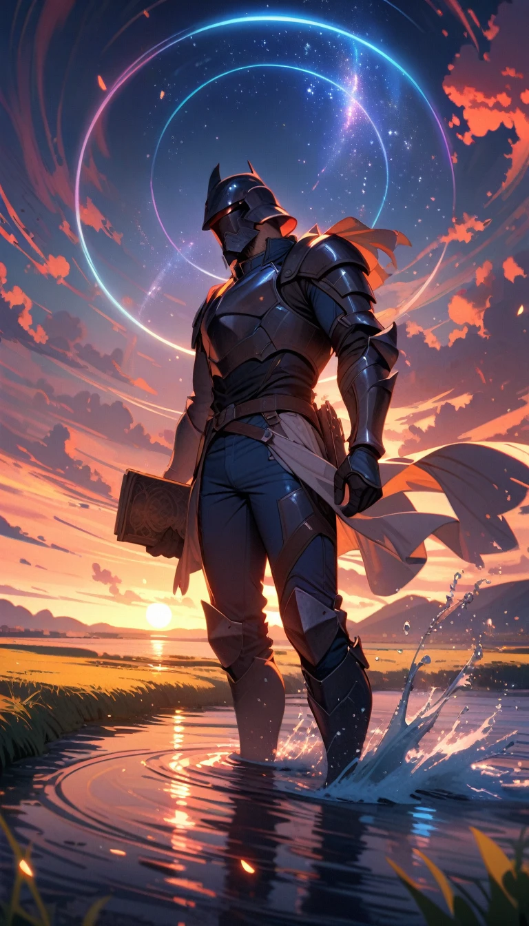 ((best quality)) , ((masterpiece)) , (detailed)，1boy, male focus, solo, shirt, helmet, pants, denim, armor, facial hair, blue pants, gloves, beard, jeans, holding,beautiful and delicate water, the finest grass, very delicate light, nature, painting, water spray, breeze, flowers and grass meadow, near the water edge, (sunset, starry sky in a circle), randomly distributed clouds, river, splashing water, falling petals