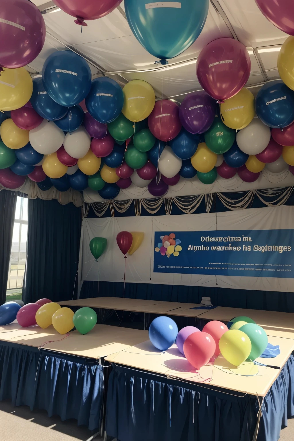 An autism presentation tent, with several balloons in the decoration and banners