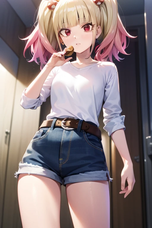 ((masterpiece)),(best quality),official art,extremely detailed CG,unity 8k wallpaper,ultra detailed,beautiful detailed eyes,extremely detailed face,1girl,solo,cowboy shot,looking at viewer,niguredou julia,multicolored hair,gradient hair,pink hair,blonde hair,twintails,food-themed hair ornament,mushroom hair ornament,red eyes,white shirt,long sleeves,denim shorts,shorts rolled up,belt