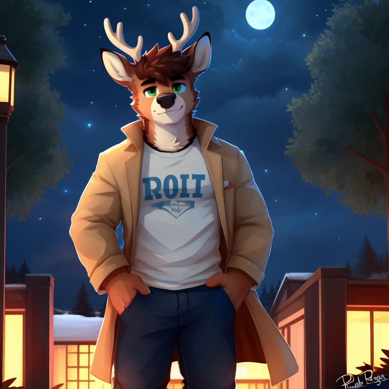 (masterpiece, Best Quality:1.2), at night, Alone, Posing, looking at you, deer, detailed face, detailed body, toned body, 5 fingers, Detailed hands, relaxed hands, green eyes, detailed eyes, short hair same coat color, 2 arms, pants suave, T-shirt, por pache riggs