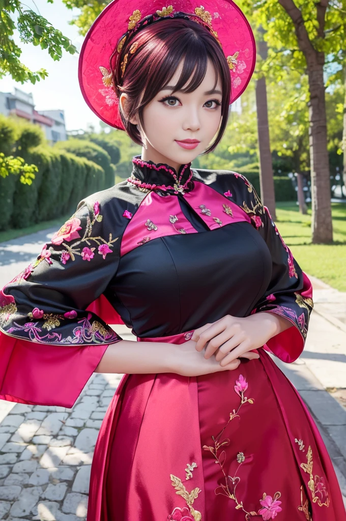 (masterpiece:1.4), (best quality:1.4), ultra high res, ultra high resolution, ((detailed facial features)), HDR, (realistic, photorealistic, photo-realistic:1.37), full body Esbian, y Vietnamese model, (-anime), vivid colors, ((vivid colors multicolor (red, fuchsia) very short hair)), (happy smile), lip-gloss, long lashes, beautiful makeup, defined eyebrows, wearing large sparkling colorful jewelery, wearing a red silk Paradise Kiss cosplay dress with black floral embroidery, ((vivid colors outfit)), vivid colors, look at the camera, cinematic light, large park background with trees, sweet and sexose
