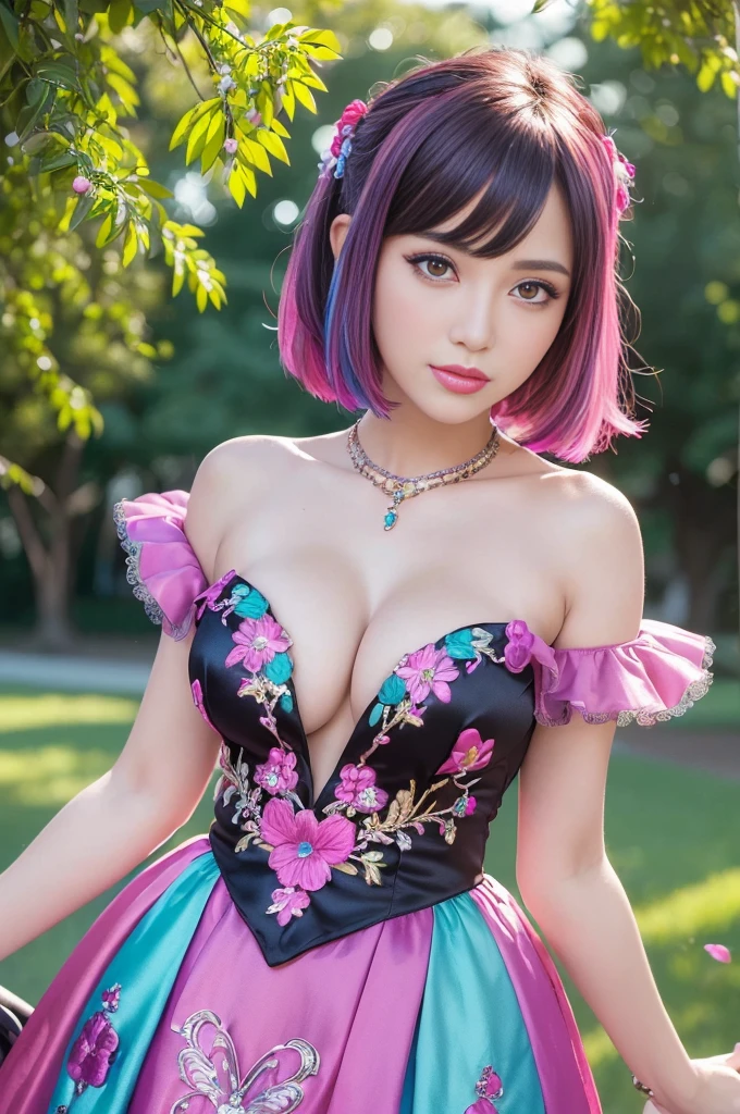(masterpiece:1.4), (best quality:1.4), ultra high res, ultra high resolution, ((detailed facial features)), HDR, (realistic, photorealistic, photo-realistic:1.37), full body Esbian, sexy Indonesian model, (-anime), only 1 model, vivid colors, ((vivid colors multicolor (fuchsia, pink, light blue, purple) very short hair)), (happy smile), lip-gloss, long lashes, beautiful makeup, defined eyebrows, wearing large sparkling colorful jewelery, wearing a red silk Paradise Kiss cosplay dress with black floral embroidery, ((vivid colors outfit)), vivid colors, look at the camera, cinematic light, large park background with trees, sweet and sexy pose