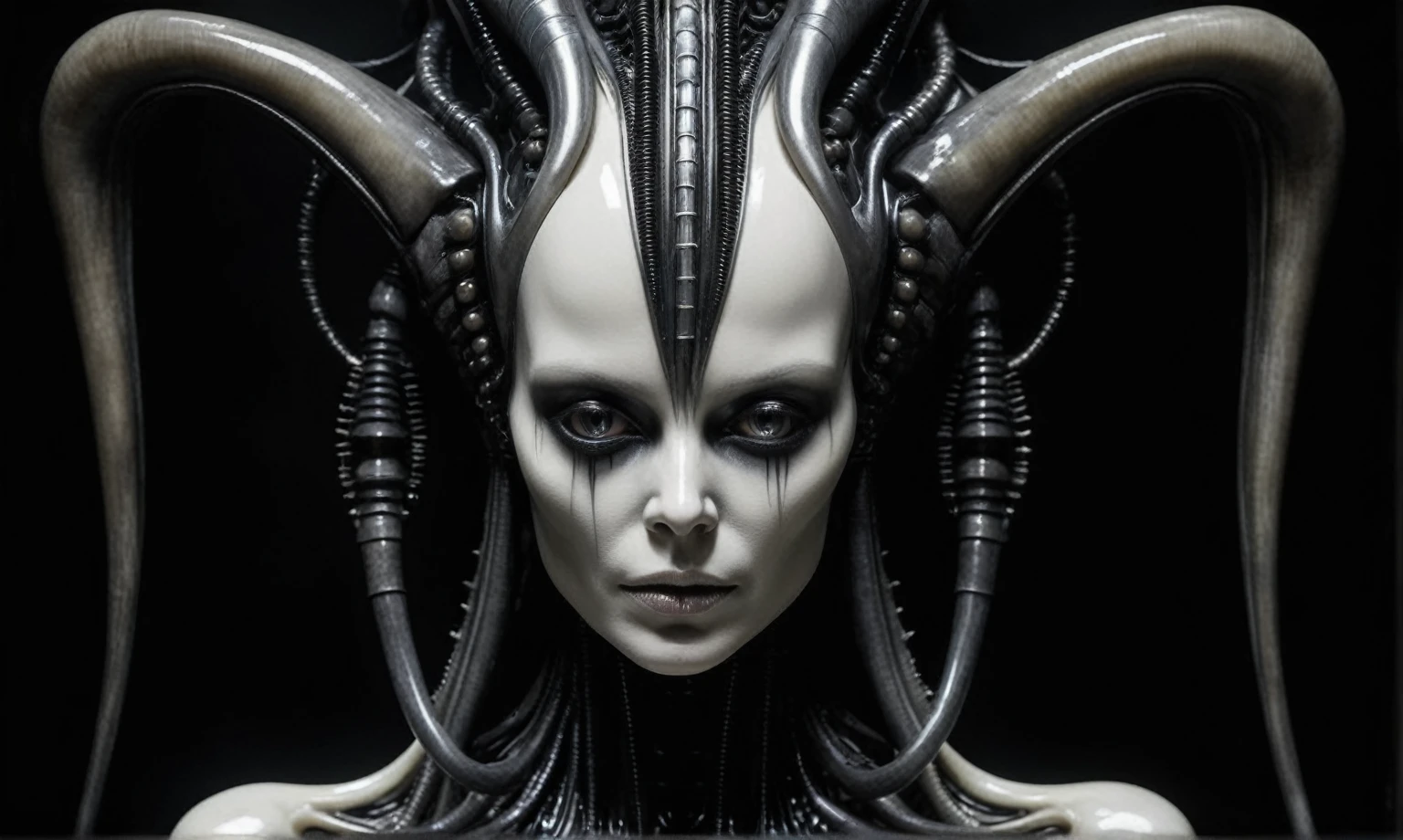 Encounter the eerie beauty of AI-composed music reverberating through a surreal realm, echoing the twisted visions of H.R. Giger's unsettling creations.
