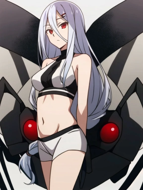 shiraori with arachne white lower body, black scithe, red eyes, long white hair, medium breast, belly button, white short top