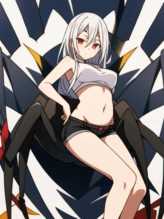 shiraori with arachne white lower body, black scithe, red eyes, long white hair, medium breast, belly button, white short top