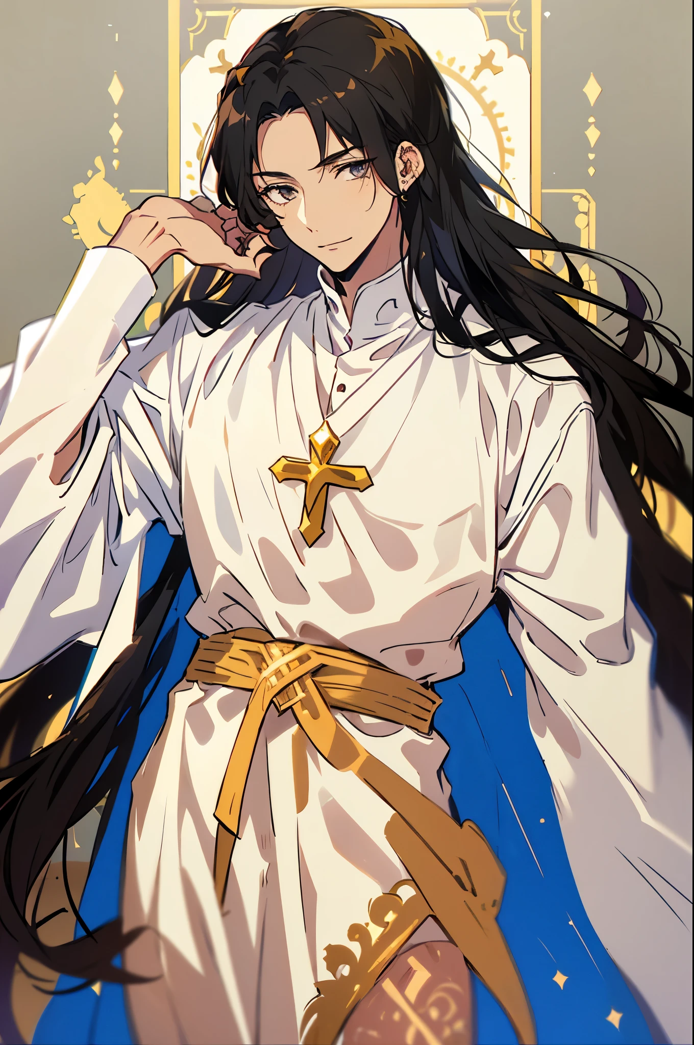 a young man dressed in a long white robe with extravagant details, with a cute face, a calm face, calm with a slight calm smile, long black hair, with black eyes, beautiful-detailed Eyes,with a cross in each eye