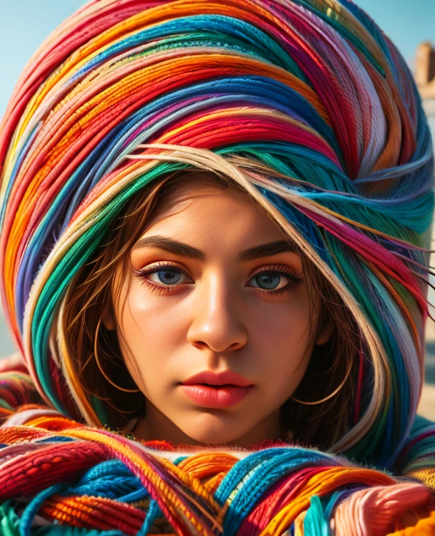 a girl running away from a huge ball of yarn, beautiful detailed eyes, beautiful detailed lips, extremely detailed eyes and face, beautiful eyelashes, scared expression, alone, 1 girl, fantasy, photography, high quality, best quality, 4k,8k,high resolution,masterpiece:1.2,ultra detailed,realistic,photorealistic,photorealistic:1.37,HDR,UHD,studio lighting,ultra-fine painting,sharp focus,physically based rendering,extreme detail depiction,professional,vivid colors,bokeh,fantastic art , capricious.