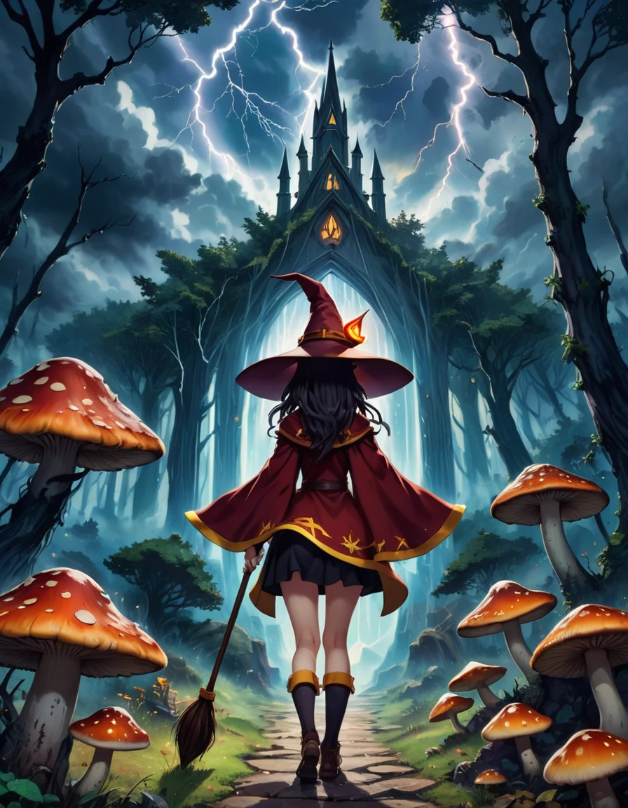 Strategy game style 1girl megumin, Witch Hat, cape, staff, From the back, Back to , 
Mushroom Forest Art Deco Cathedral Outside, Thunderstorm Witch Sky Quiet ZIP2D . Top view, Detailed Map, unit, Reminiscent of real-time strategy games