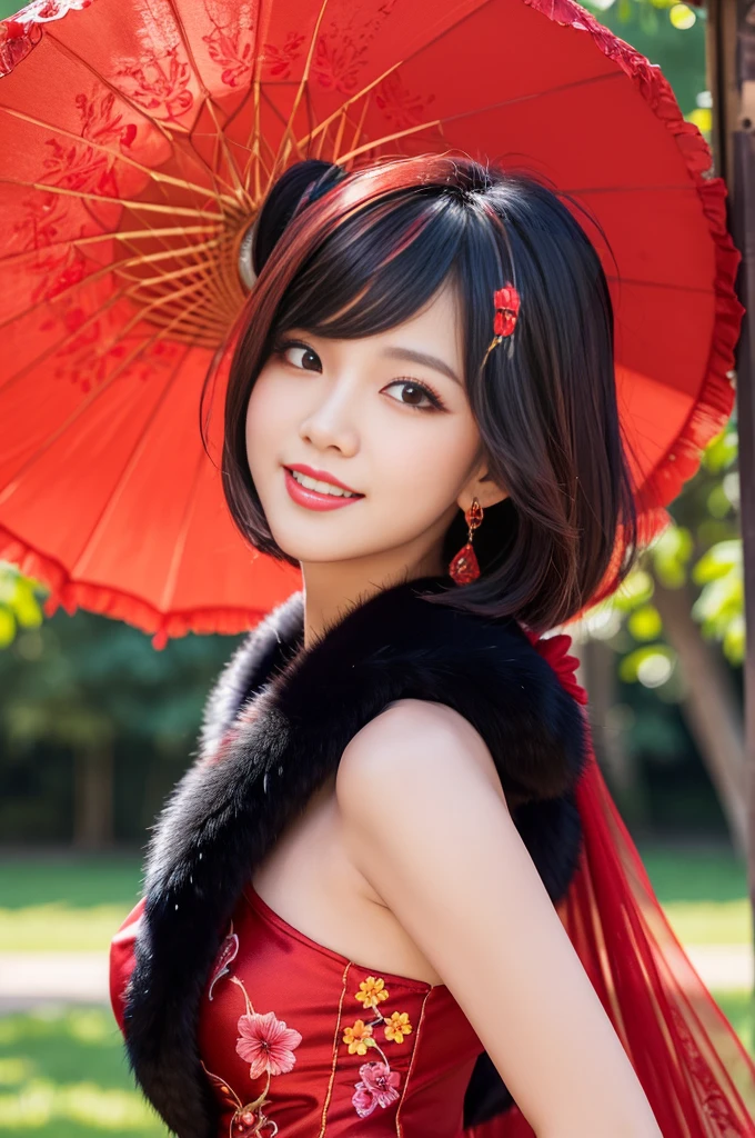 (masterpiece:1.4), (best quality:1.4), ultra high res, ultra high resolution, ((detailed facial features)), HDR, (realistic, photorealistic, photo-realistic:1.37), full body, sexy Vietnamese model, (-anime), only 1 model, vivid colors, very short hair, (beautiful smile), lip-gloss, long lashes, defined eyebrows, wearing large sparkling colorful jewelery, wearing a red silk Paradise Kiss cosplay dress with black floral embroidery, ((long fur vivid colors outfit)), vivid colors, look at the camera, cinematic light, large park background with trees, sweet and sexy pose