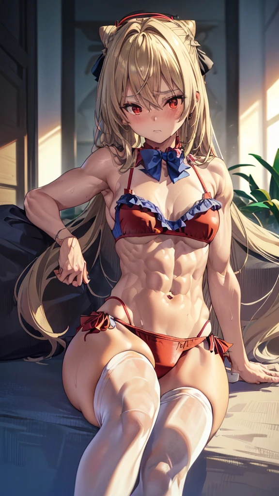 (((1 lolita girl))), when he plows, (Red eyes: 1.5), blond hair, (blond hair: 1.1), by the wide, conical bun, hair ornament, hair shots, He drowned, Stripe, blue bow tie, (tight short bikini, ((red bikini)), white thighs, white thigh highs), has, (muscular belly), muscular abs, {sweaty abs}, Wide hips, Thin waist, small breasts, (((posing sexy))), wearing black heels, (((sitting or sitting))), (((sentada abriendo las legs mostrando el coño apretado por el bikini))), {{{Full body photo}}}, blushing, embarrassed, ashamed, REST looking at the viewer , breaking and entering, pool, {pool de fondo}, interval (masterpiece: 1.2), Best Quality, highest resolution, unity wallpaper 8k, (illustration: 0.8), (beautiful detailed eyes: 1, 6), extremely detailed face, perfect lighting, Extremely detailed CG, (perfect anatomy), {anatomically correct}, {{Correct Tips, (hands, arms, legs, correct feet)}.