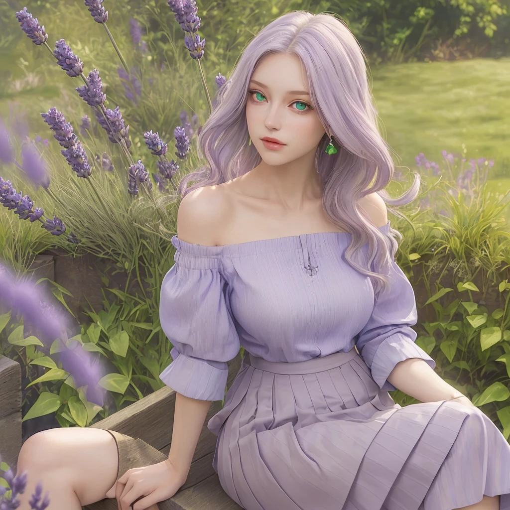 A beautiful woman with long straight lavender hair wearing an off-the-shoulder shirt and skirt with green eyes sitting in a garden