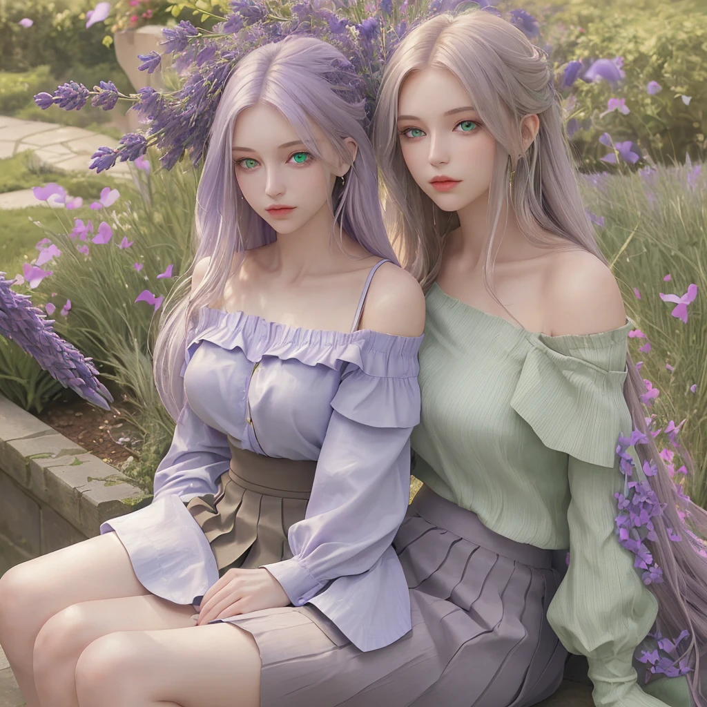 A beautiful woman with long straight lavender hair wearing an off-the-shoulder shirt and skirt with green eyes sitting in a garden