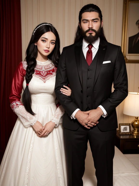 A man with a perfect face stands next to a woman with a perfect face. They both want wedding clothes and they stand in the guest room with a red cake in front of themThe woman has very long black hair, styled in braids, and the man has a large beard and mustache ,realisian model , realistic style
