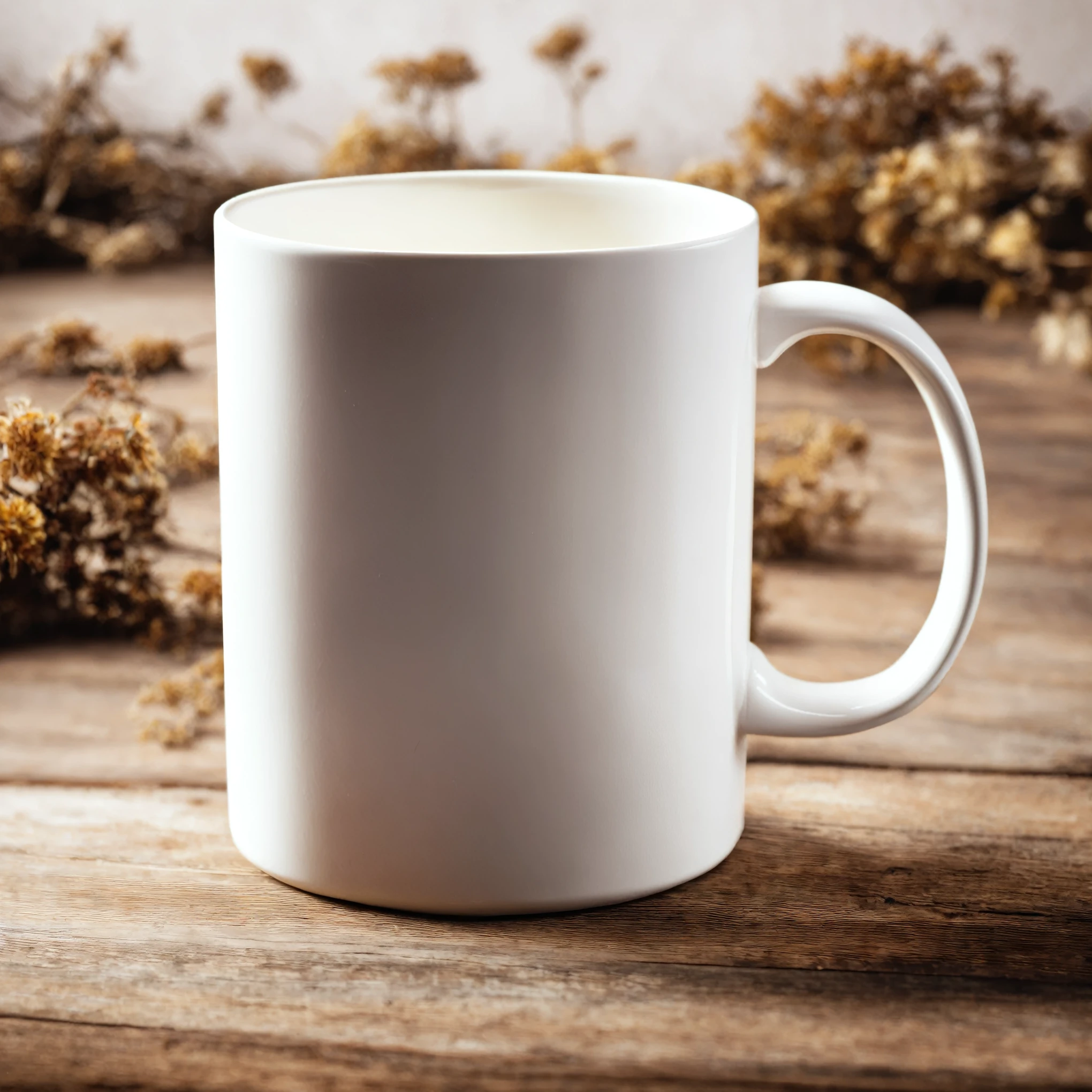 Mockup empty, a blank, white, empty mug standing on a rustic wooden table inside rustic interior, dried flowers, bright, aesthetic, proffessionall photography, shot on 50mm lens on canon 5d