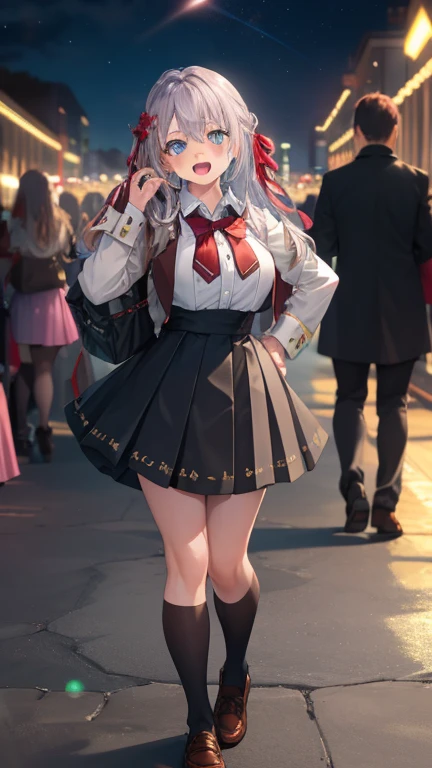 Alisa Kujou,
(night:1.7), 1 girl standing at attention, 22 years,young female,beautiful Finger, beautiful long legs ,beautiful body ,beautiful Nose ,beautiful character design, Perfect eyes, perfect face,
There is an anime girl., 1 girl, thighs, Alone, (very short skirt:1.4), Blue eyes, old, black dress ,elegant , long socks (short dress) , neckline, bow, hand on hip, blush, black thighs, bowtie, inside, brown shoes, The Great Passage, moccasins, Shoes, large old, looking at the viewer, take half distance, close up shot of open mouth, thighs,
looking at the viewer, smile, greeting the viewer, In the center of the image, Fondo de pantalla CG unity 8K extremadamente detallado, Perfect lighting,showy, bright_forehead_face_Lightinasterpiece:1.0),(better_quality:1.0), ultra high resolution,4k,ultra detailed,
Photography, 8K, HDR, high resolution, absurdities:1.2, codas portrait, film grain, blurred background, bokeh:1.2, Lens flare, (Vibrant_Color:1.2)
, (beautiful_face:1.5),(narrow_waist), (beautiful,huge_old:1.3)