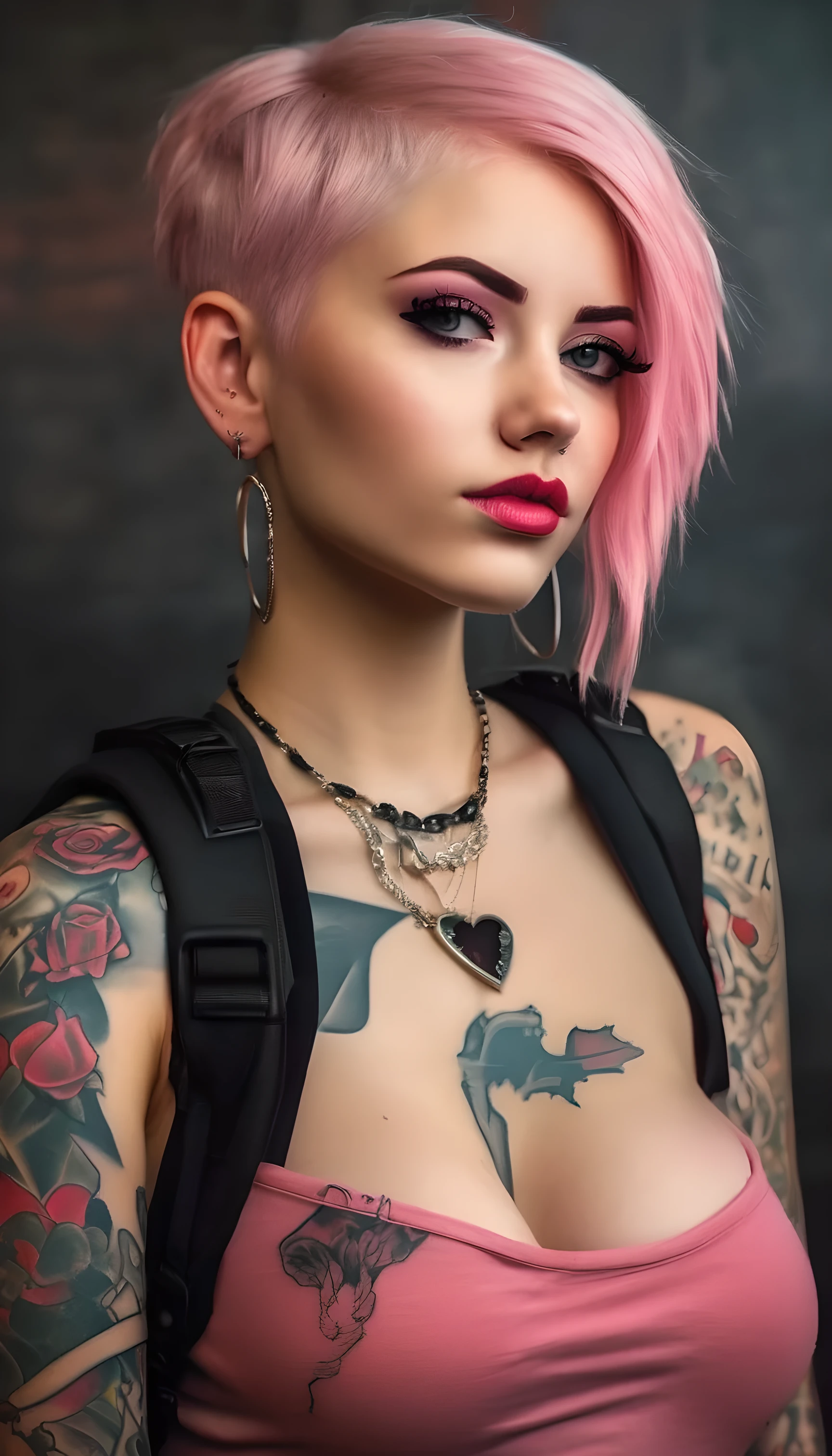 Young adult woman 22 years realistic, sexy with medium tits, modern punk style similar to harley queen, with long blonde and a little pink hair, with a broken heart tattoo full body