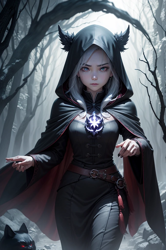Evil skeleton in a clearing in the middle of a cursed forest, 黑magic, spellbook, Smoky, A threatening smile, Mysterious cloak, Bright Eyes, strange atmosphere, lightning, Majestic castle, A stormy night, Twisted Team, magic花, Ominous shadow, Flying bats, Laughing, Casting a Spell, magic药水, Hidden Lair, Mysterious power, Sinister intentions, Vicious Breath, An unsettling existence, 黑magic, carved runes, Cursed Thing, Secret rituals, Supernatural energy, Corrupted Soul, Twisted Creatures, Knowledge, Shrouded in darkness, Ethereal Light, sinister whisper, Disastrous plan, Ghosting, Ominous prophecy, 被施了magic的受害者, magic, Supernatural powers (Main Part), Better quality, Expressive eyes, Perfect face shape