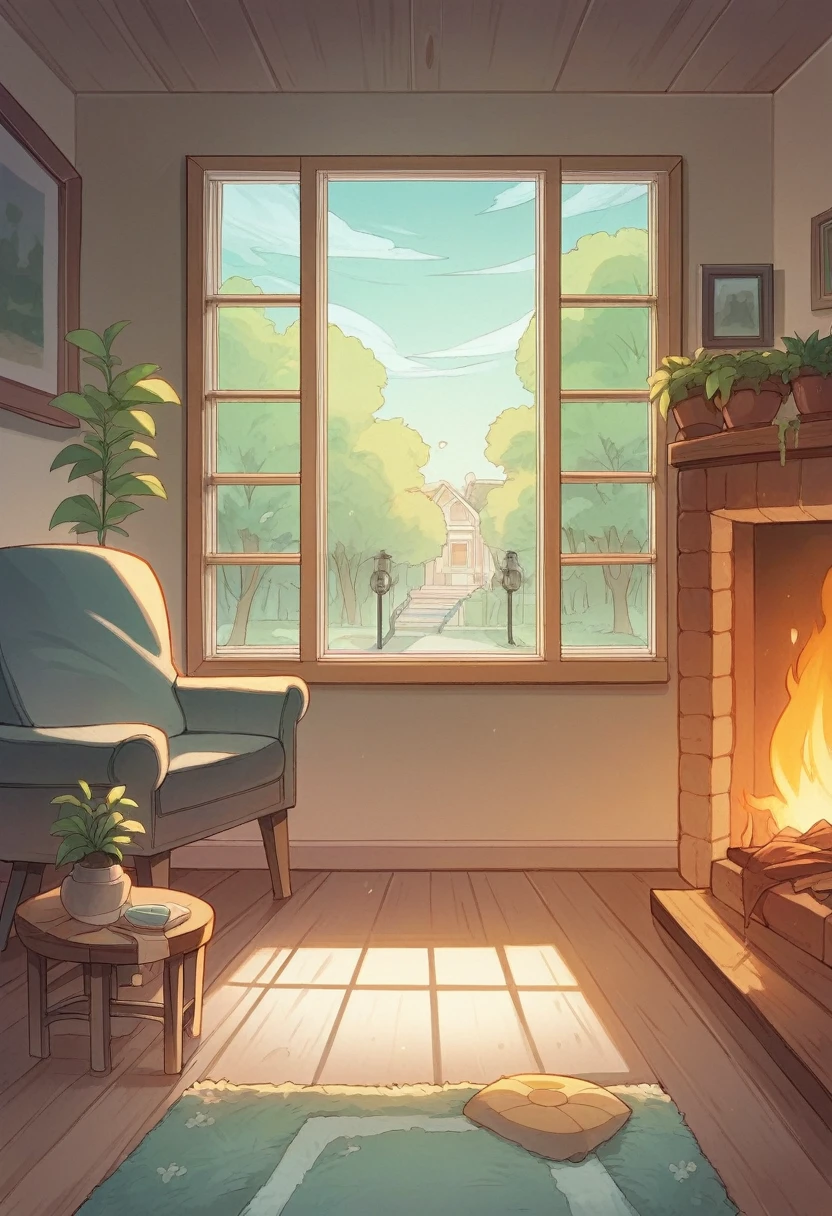 Create an image of the living room of my childhood house. It measured about 6 x 4 meters and a height of 3 more, facing the shorter side, a large window that overlooks the sidewalk of an avenue with old lime trees. To the right a fireplace, armchairs and setting year 1965 in Argentina