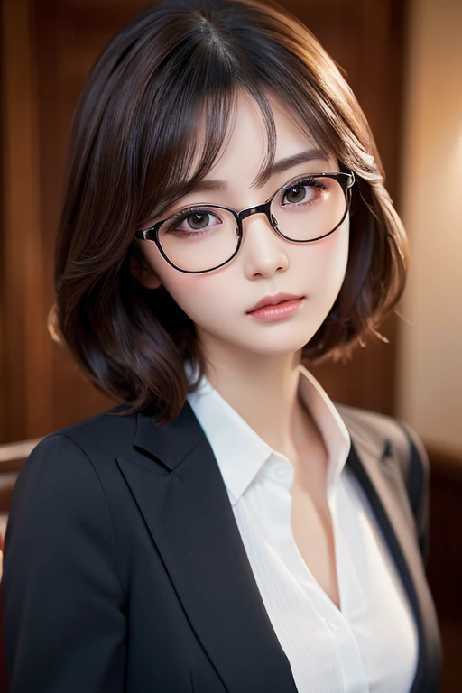 masterpiece、Highest quality、8k、Attractive beautiful large almond-shaped eyes、Big black eyes、Long eyelashes、美しい桜colorの唇、A high, well-defined nose、color々Hairstyle、美しく輝くcolor々な髪color、((Realistic:1.3))、Cinematic lighting、Challenging eyes、Bold composition、Detailed face on the market、Detailed、Golden Ratio Face、Ultra-high resolution、Beautifully detailed and realistic white skin、Fox-shaped glasses、Beautiful girl in a dark suit、Push up the rim of your glasses with your fingers、Intellectual、Office Lady、short hair、Court、Objection